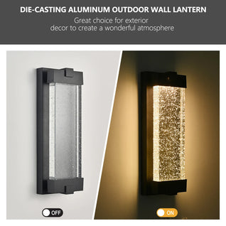 19-Inch Black Aluminum Outdoor Wall Light with Bubble Crystal Glass, LED 3000K Warm Light, Weatherproof Sconce for Patio,