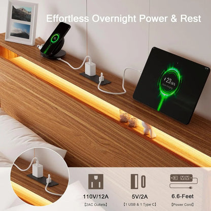 Luxury King-Size Wood Bed Frame with LED Lighting and Built-In Charging Station, featuring Storage Headboard and No-Screw Slats