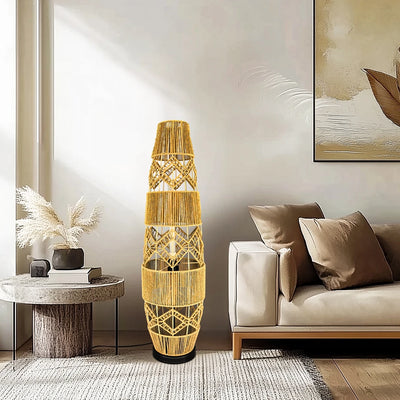 Boho Rattan Floor Lamp with LED Light Bar – Corner Reading Lamp