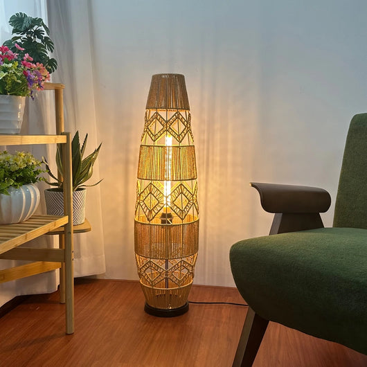 Boho Rattan Floor Lamp with LED Light Bar – Corner Reading Lamp