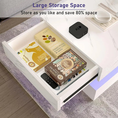 Modern High Gloss White LED Coffee Table with Storage Drawers and Multicolor Lighting