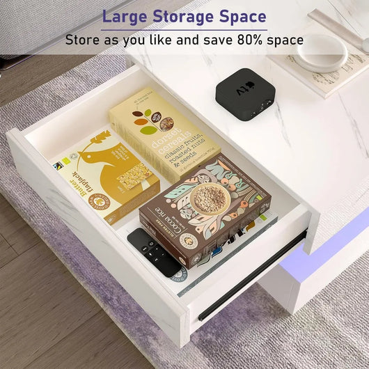 Modern Stylish Coffee Table with LED lights, Double-Layer Design for Living Room Coffee Table with 2 Storage Drawers