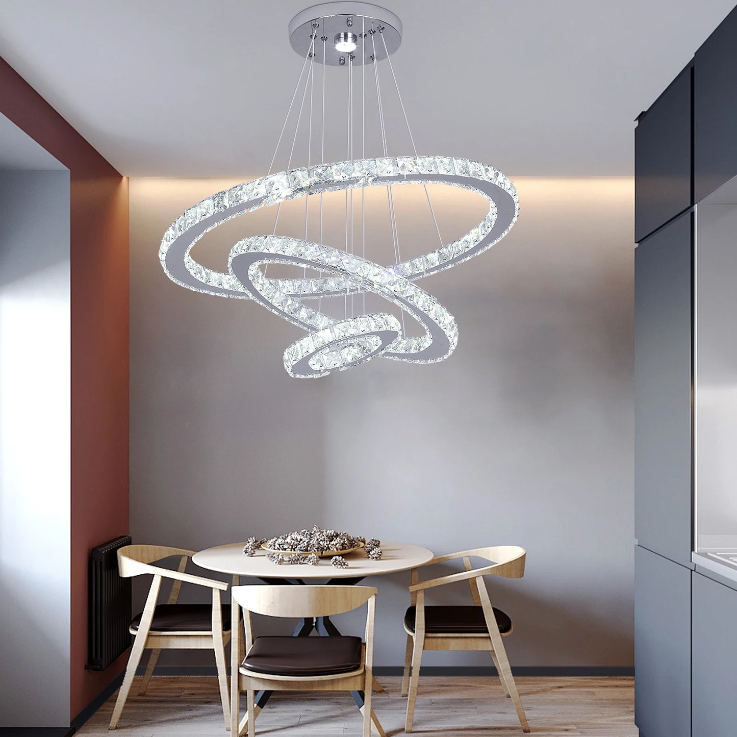 Luxury Three-Ring Crystal LED Kitchen Light with Adjustable Color Modes