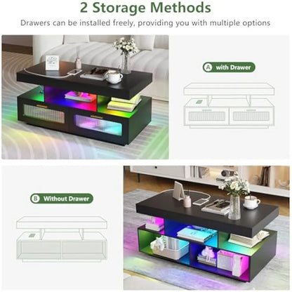 LED Coffee Table with Charging Station, Modern Low Coffee Tables with Auto RGB Lights, Smart Acrylic Center Tea Table for Living