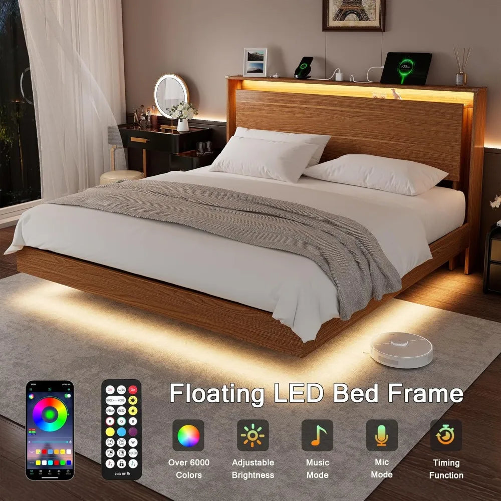 Luxury King-Size Wood Bed Frame with LED Lighting and Built-In Charging Station, featuring Storage Headboard and No-Screw Slats