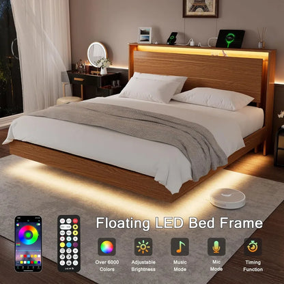 Luxury King-Size Wood Bed Frame with LED Lighting and Built-In Charging Station, featuring Storage Headboard and No-Screw Slats