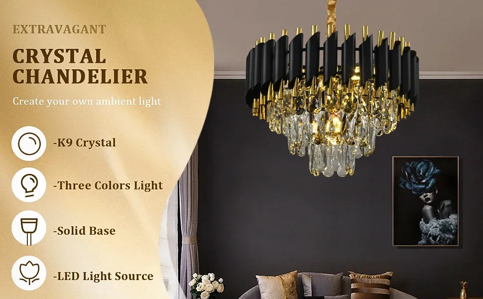 A modern crystal LED chandelier featuring a 3-story design, premium stainless steel accents, and bright ambient illumination for stylish residential or commercial spaces.
