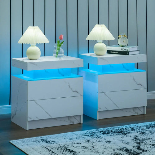 Cubehom LED Nightstand Set of 2 – Modern Bedside Tables with Drawers