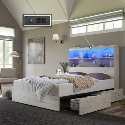 Large Wooden Platform Bed with LED Bookshelf Headboard