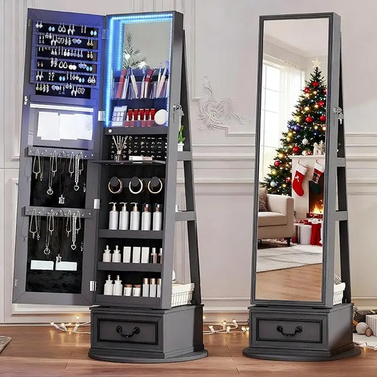LED Full Length Mirror Jewelry Cabinet – RGB Lighted Lockable Organizer