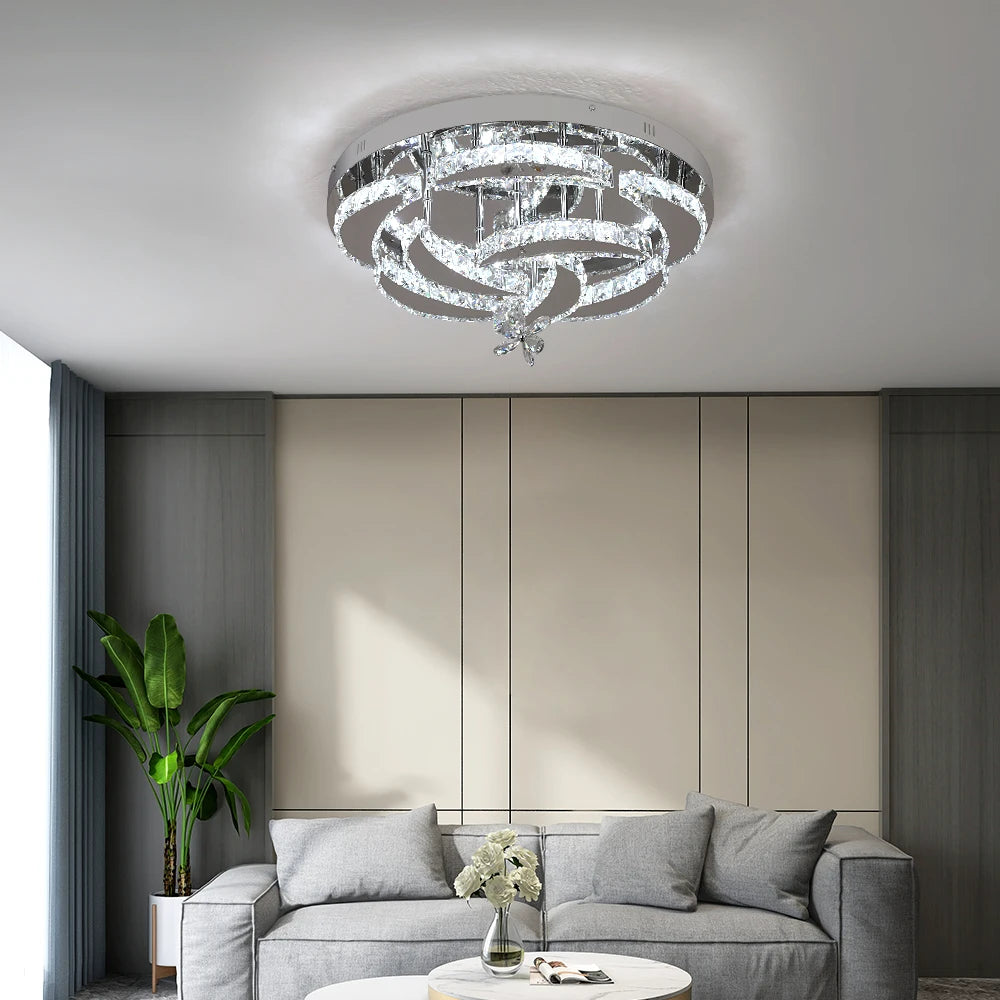 Crystal Modern LED Ceiling Lamp with Adjustable Light Modes and Chrome Finish