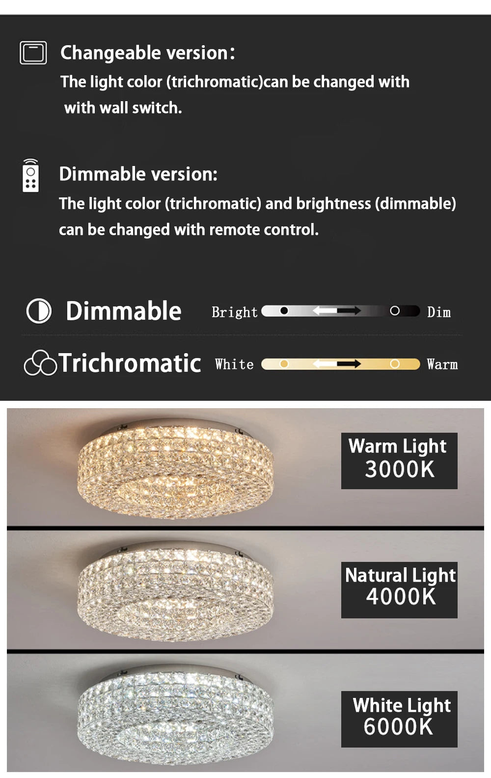 Luxury Round Crystal LED Ceiling Lights with Stainless Steel Design