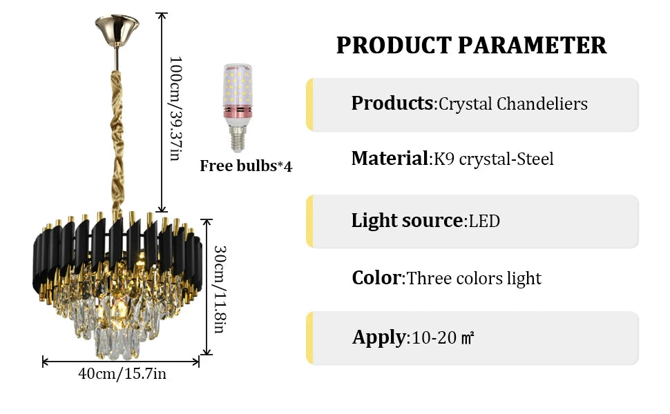 A modern crystal LED chandelier featuring a 3-story design, premium stainless steel accents, and bright ambient illumination for stylish residential or commercial spaces.