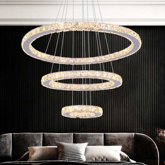 Luxury 3-Ring Crystal LED Kitchen Ceiling Light – Adjustable Color Modes