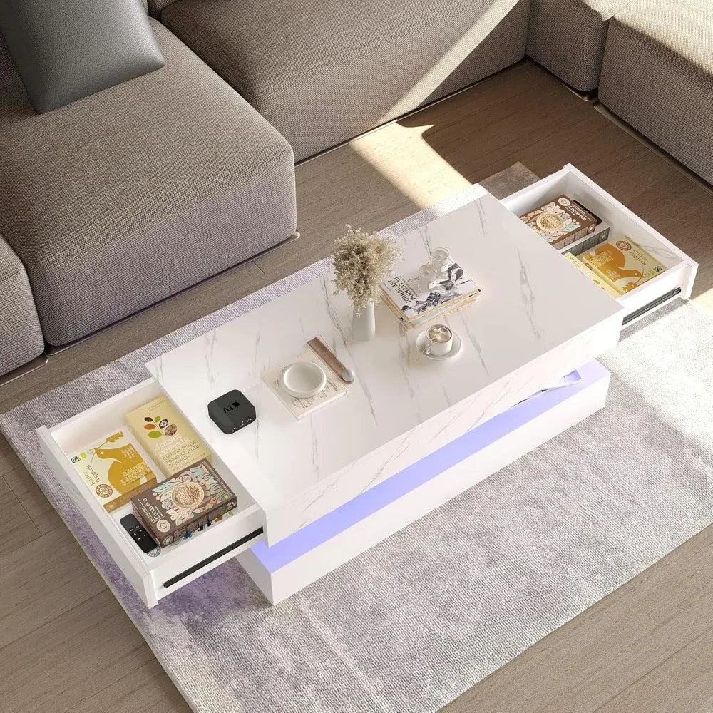 Modern High Gloss White LED Coffee Table with Storage Drawers and Multicolor Lighting