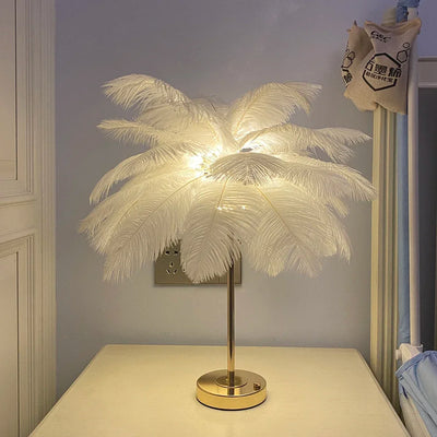 Rechargeable Ostrich Feather LED Table Lamp with Touch Control for Bedroom, Bedside &amp; Modern Home Décor