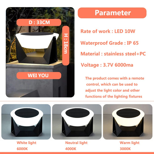 Stainless steel LED remote-controlled cylindrical solar column light,waterproof outdoor courtyard light, door post dimming light