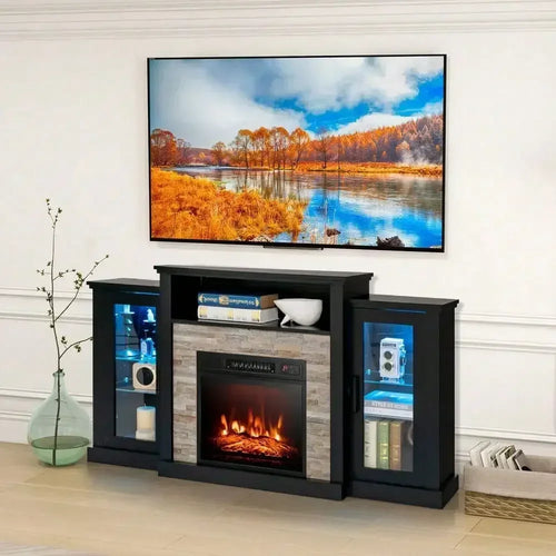Fireplace TV Stand with LED Lights – 18″ Electric Fireplace for TVs up to 65″
