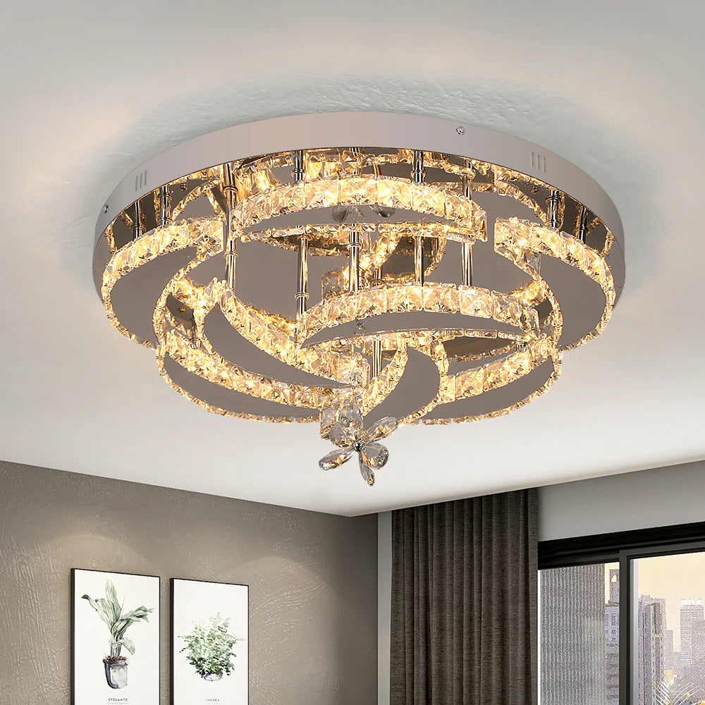 Crystal Modern LED Ceiling Lamp with Adjustable Light Modes and Chrome Finish