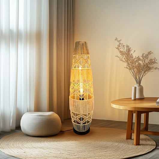 Boho Rattan Floor Lamp with LED Light Bar – Corner Reading Lamp