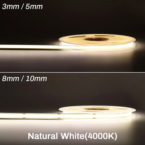 High-Density COB LED Strip Light – 3mm / 5mm, 12V–24V Dimmable