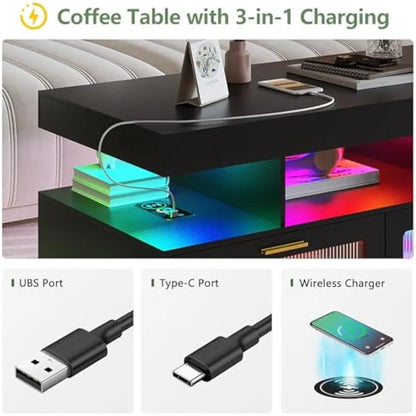 LED Coffee Table with Charging Station, Modern Low Coffee Tables with Auto RGB Lights, Smart Acrylic Center Tea Table for Living