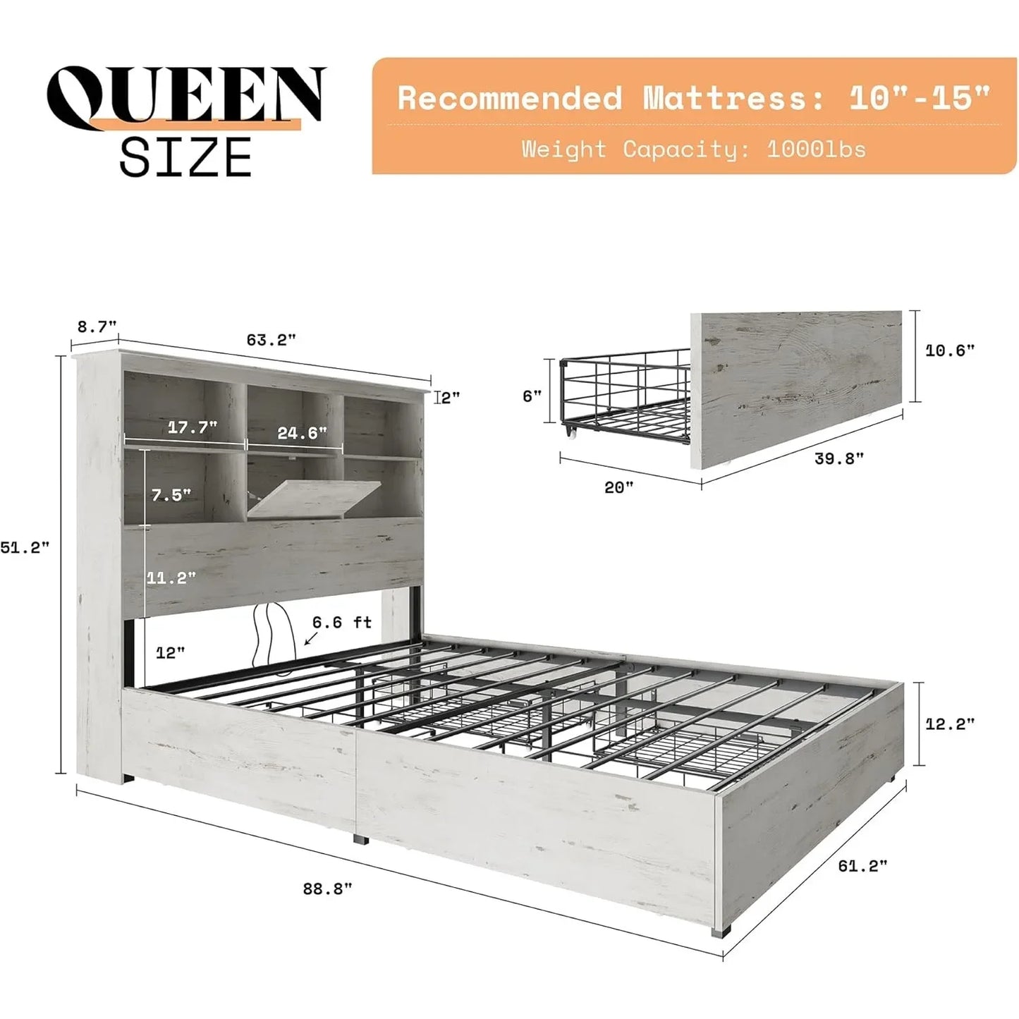 Large wooden platform bed with 51.2-inch LED storage bookshelf headboard, 4 storage drawers, and charging station/white