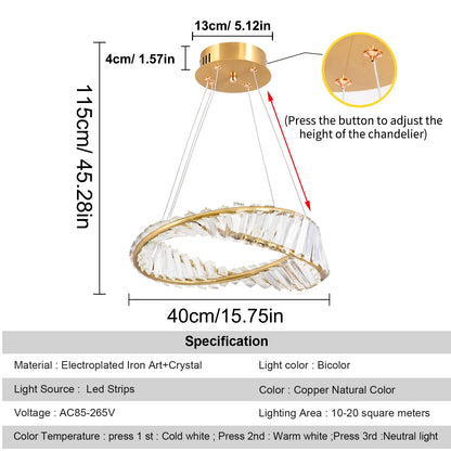LED Luxury Ring Pendant Light with Crystal Accents and Adjustable Color Modes