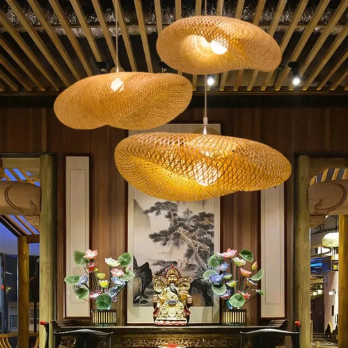 Hand-Woven Bamboo Pendant Light – Vintage Iron LED Fixture