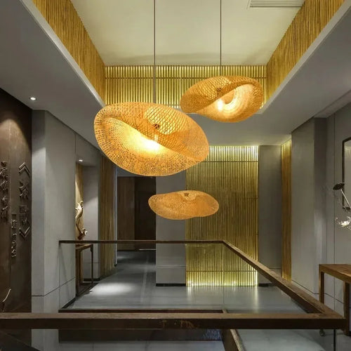 Hand-Woven Bamboo Pendant Light – Vintage Iron LED Fixture