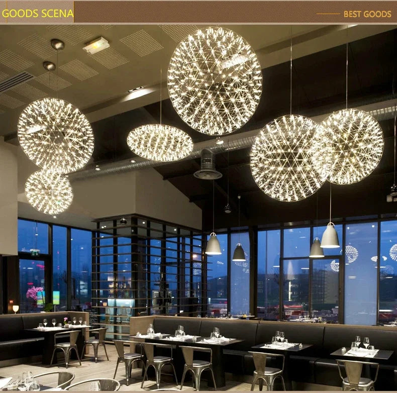 Modern Brief Loft Spark Ball LED Chandelier Fixture Firework Ball Stainless Steel Pendant Lamp for Home Decor Lighting 110-240V