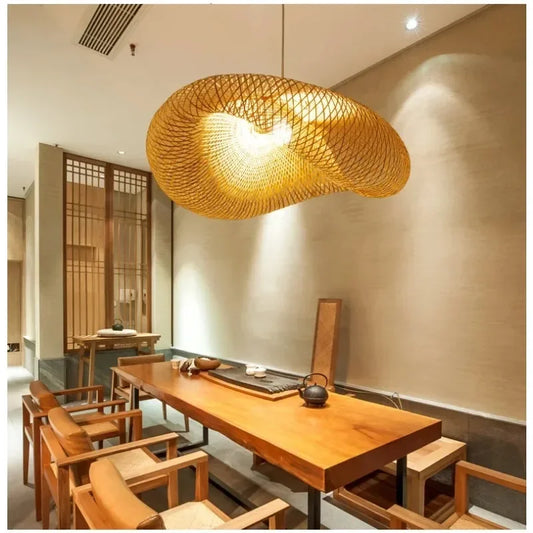 Hand-Woven Bamboo Pendant Light with Vintage Iron Design
