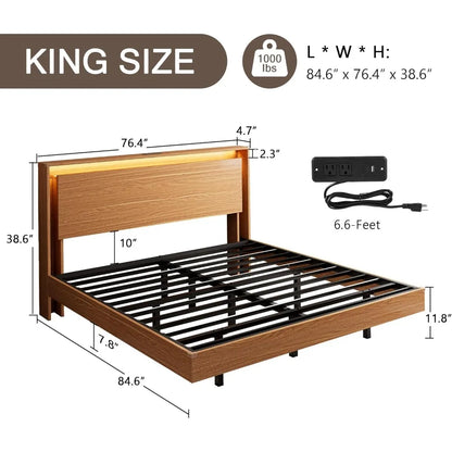 Luxury King-Size Wood Bed Frame with LED Lighting and Built-In Charging Station, featuring Storage Headboard and No-Screw Slats
