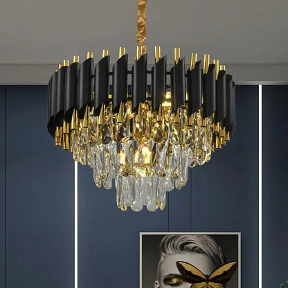 A modern crystal LED chandelier featuring a 3-story design, premium stainless steel accents, and bright ambient illumination for stylish residential or commercial spaces.