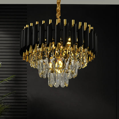 A modern crystal LED chandelier featuring a 3-story design, premium stainless steel accents, and bright ambient illumination for stylish residential or commercial spaces.
