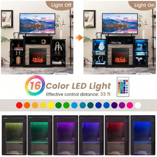 Fireplace TV Stand with LED Lights – 18″ Electric Fireplace for TVs up to 65″