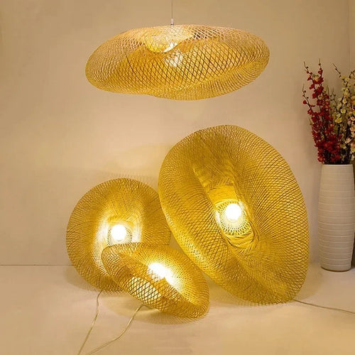 Hand-Woven Bamboo Pendant Light – Vintage Iron LED Fixture