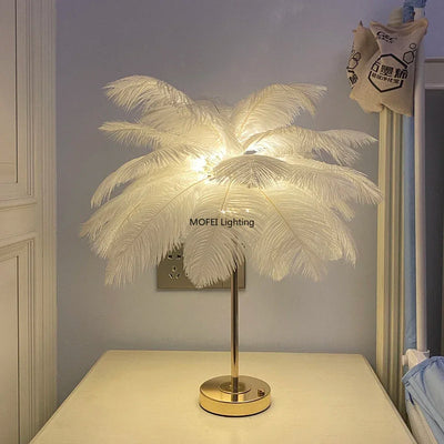 Rechargeable Ostrich Feather LED Table Lamp with Touch Control for Bedroom, Bedside &amp; Modern Home Décor