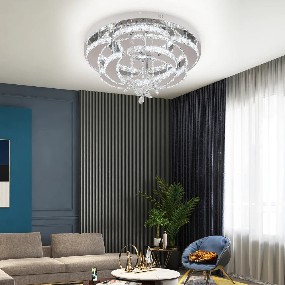 Crystal Modern LED Ceiling Lamp with Adjustable Light Modes and Chrome Finish
