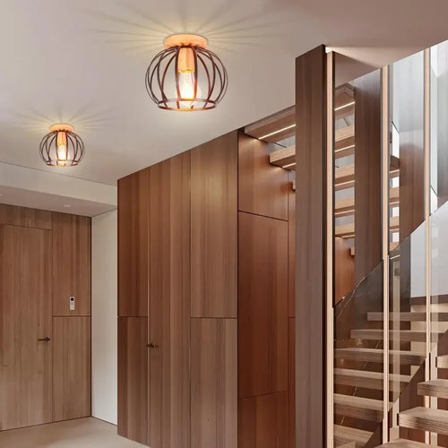 Modern Japanese Style Wood & Iron Ceiling Light – Vintage Cage Design