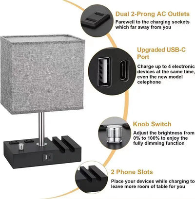 USB Modern Knob Switch Charging Dimmable Touch Control Table Lamp with Fabric Lampshade Decorative Night Light