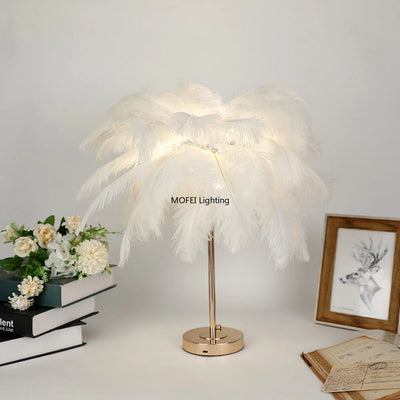 Rechargeable Ostrich Feather LED Table Lamp with Touch Control for Bedroom, Bedside &amp; Modern Home Décor