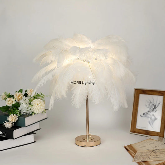 Rechargeable Ostrich Feather LED Table Lamp with Touch Control for Bedroom, Bedside &amp; Modern Home Décor