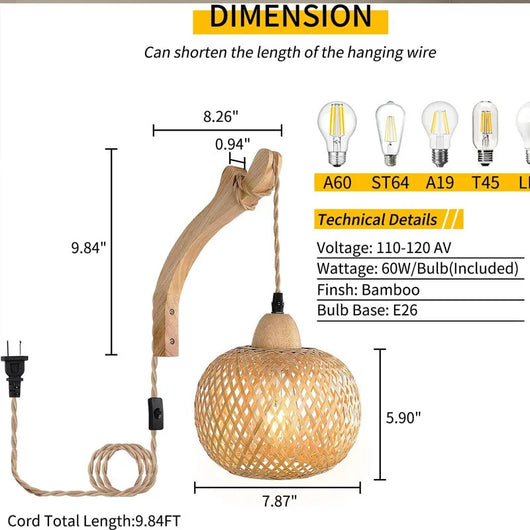 Bamboo Lantern Wall Lamp – Hand-Woven E27 Wicker Light