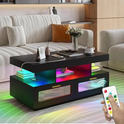LED Coffee Table with Charging Station, Modern Low Coffee Tables with Auto RGB Lights, Smart Acrylic Center Tea Table for Living