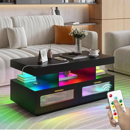 LED Coffee Table with Charging Station, Modern Low Coffee Tables with Auto RGB Lights, Smart Acrylic Center Tea Table for Living