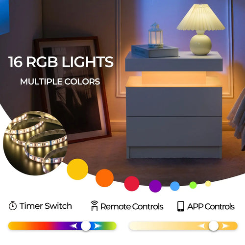 Cubehom LED Nightstand Set of 2 – Modern Bedside Tables with Drawers