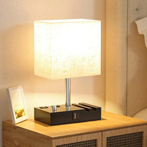 USB Modern Knob Switch Charging Dimmable Touch Control Table Lamp with Fabric Lampshade Decorative Night Light