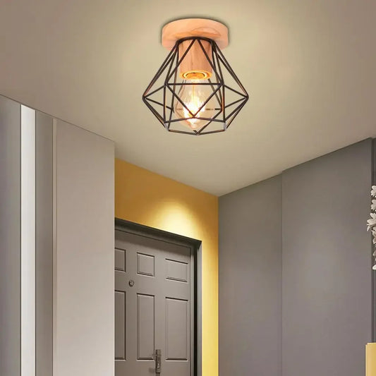Modern Japanese Style Wood & Iron Ceiling Light – Vintage Cage Design