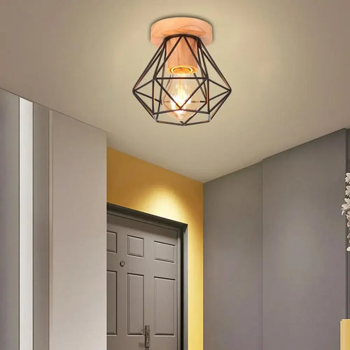 Modern Japanese Style Wood & Iron Ceiling Light – Vintage Cage Design